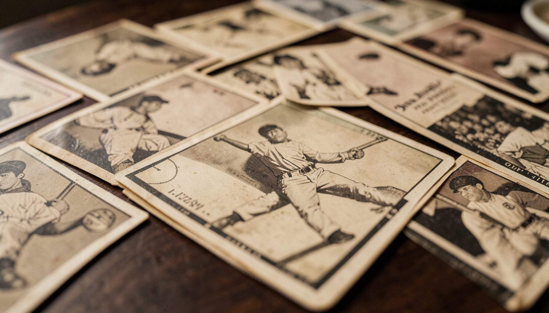 A close-up of vintage baseball cards from the early 1900s spread across a dark wooden table, warm sepia tones and soft natural light.