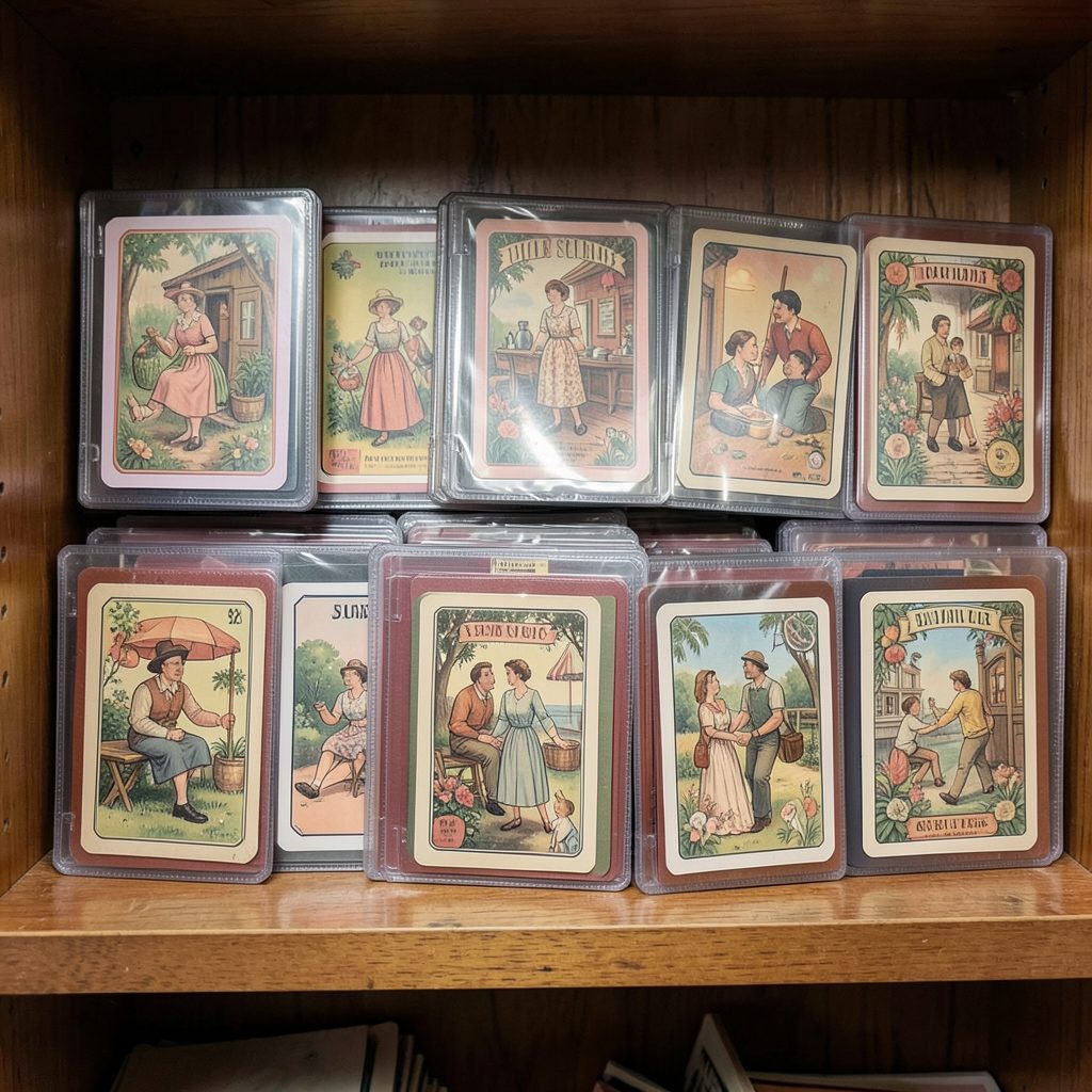 A collection of complete vintage card sets from the 1950s and 1960s in protective binders, displayed on wooden shelving.