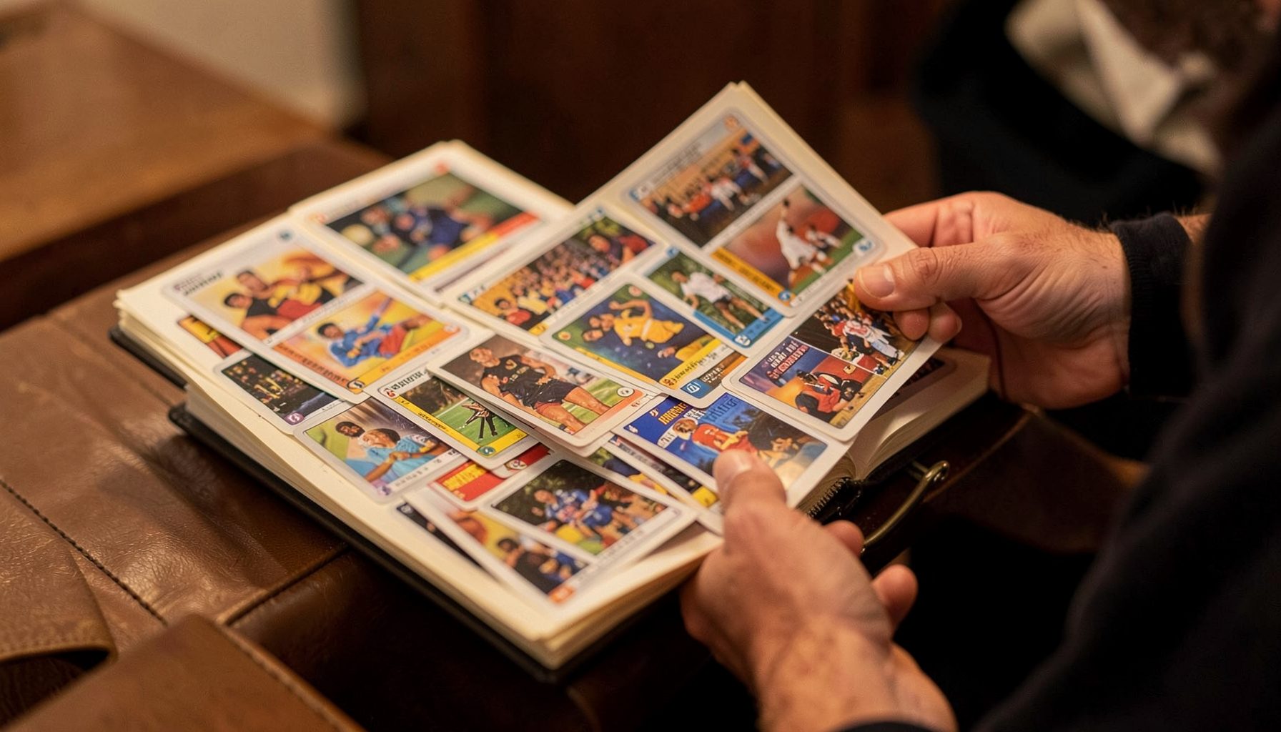 A collector flipping through a binder of card sheets filled with sports cards, hands visible, warm indoor lighting.