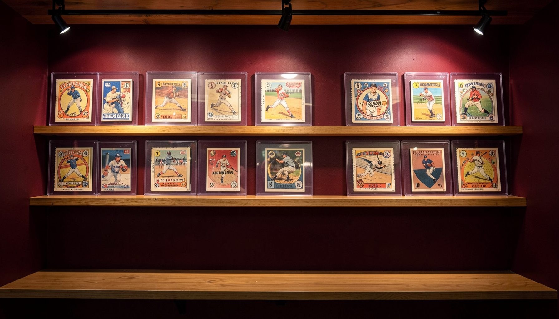 A display wall featuring vintage baseball cards in protective cases, arranged under soft track lighting with warm wood shelving and a rich burgundy accent wall.