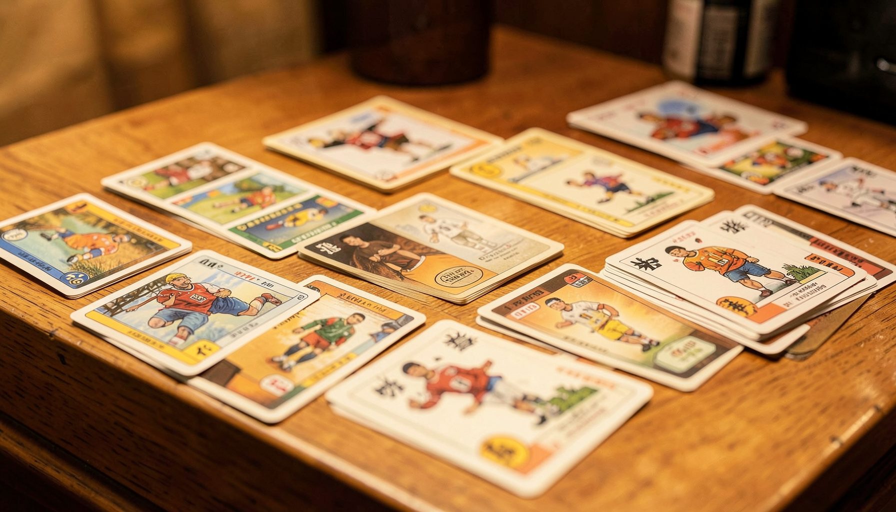 A warm, well-lit display of sports cards spread across a wooden countertop, with packs and individual cards visible in soft amber and cream tones.