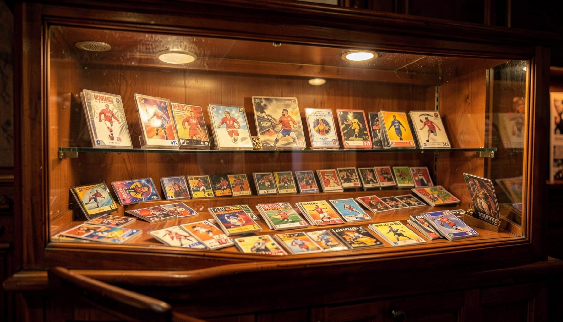 A warmly lit display case filled with an array of sports cards and memorabilia, rich wood tones and soft amber lighting creating an inviting collector's atmosphere.