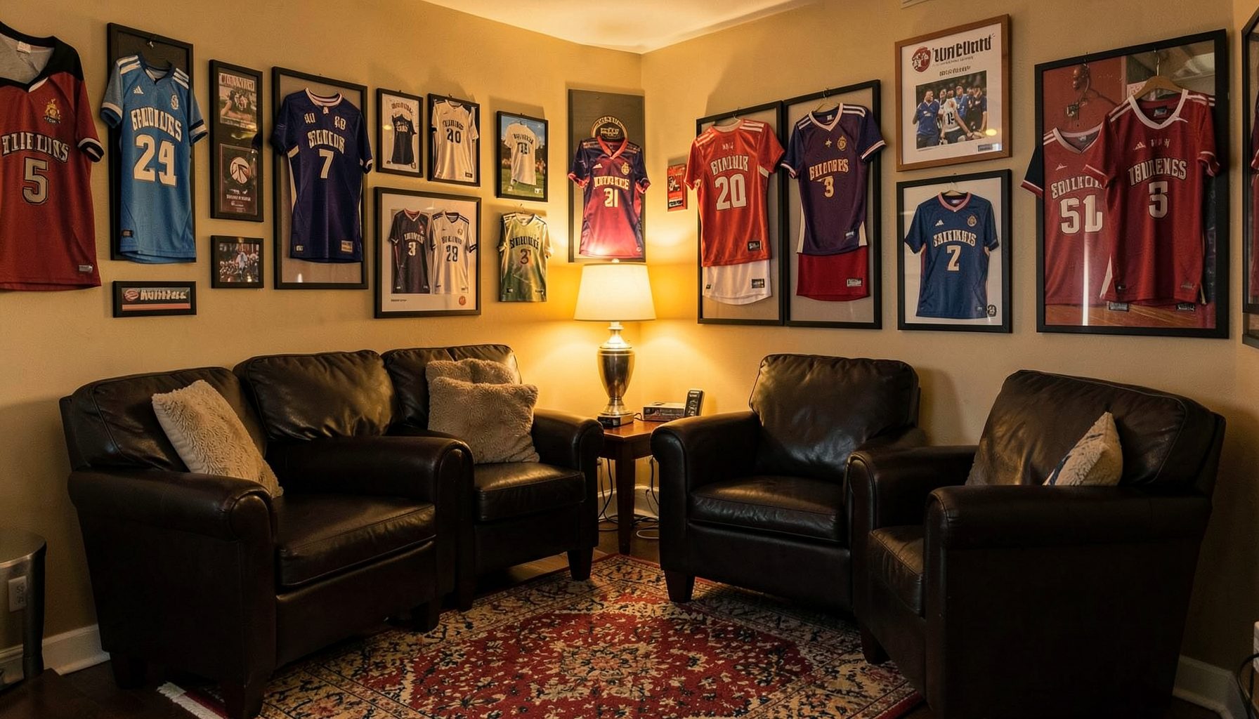 A warmly lit room with sports memorabilia on the walls, framed jerseys in team colors, and a comfortable seating area with dark leather chairs, evoking a cozy fan retreat.