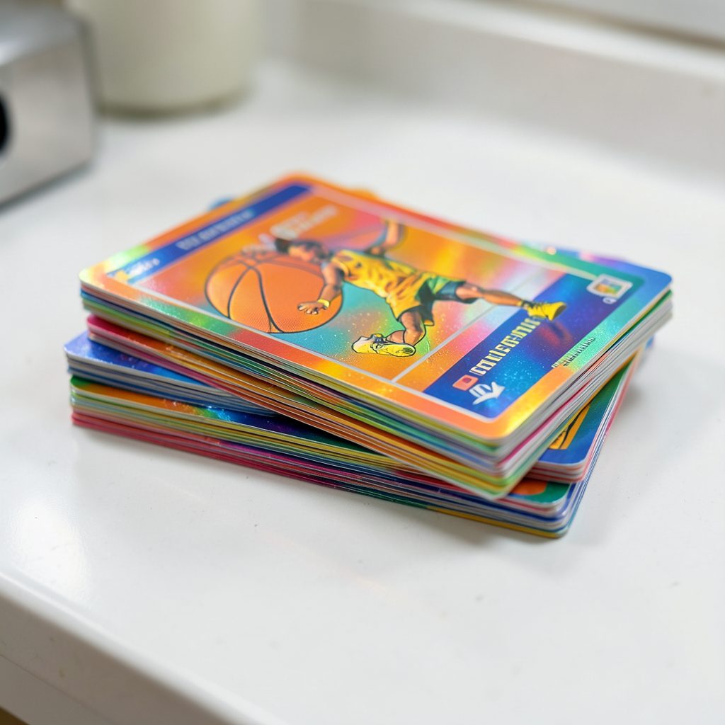 Brightly colored modern basketball card packs with foil accents, stacked on a white countertop under soft lighting.