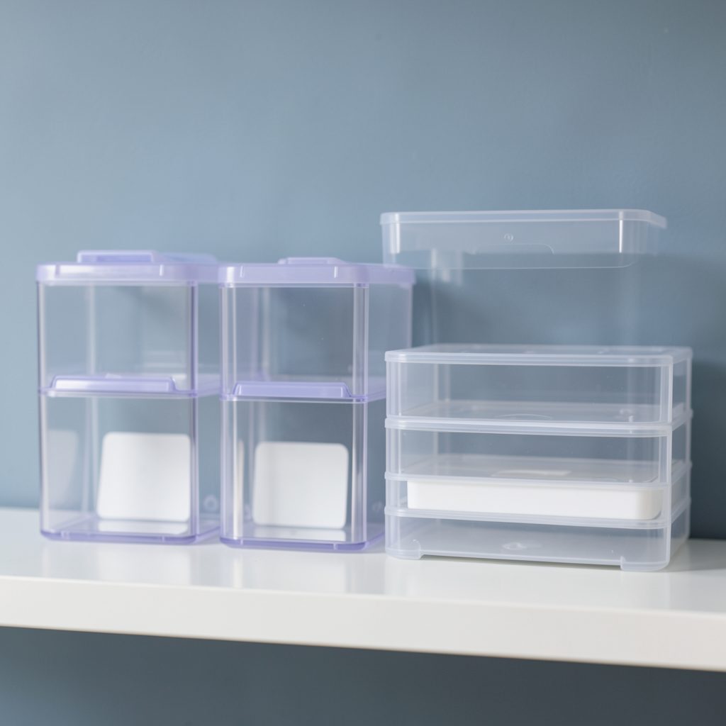 Clear plastic card toploaders and storage boxes neatly arranged on a shelf, with a soft blue-gray backdrop.