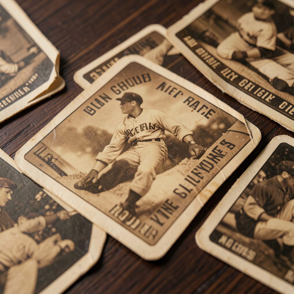 Close-up of vintage baseball cards from the early 1900s with warm sepia tones and worn edges, arranged on a dark wood surface.