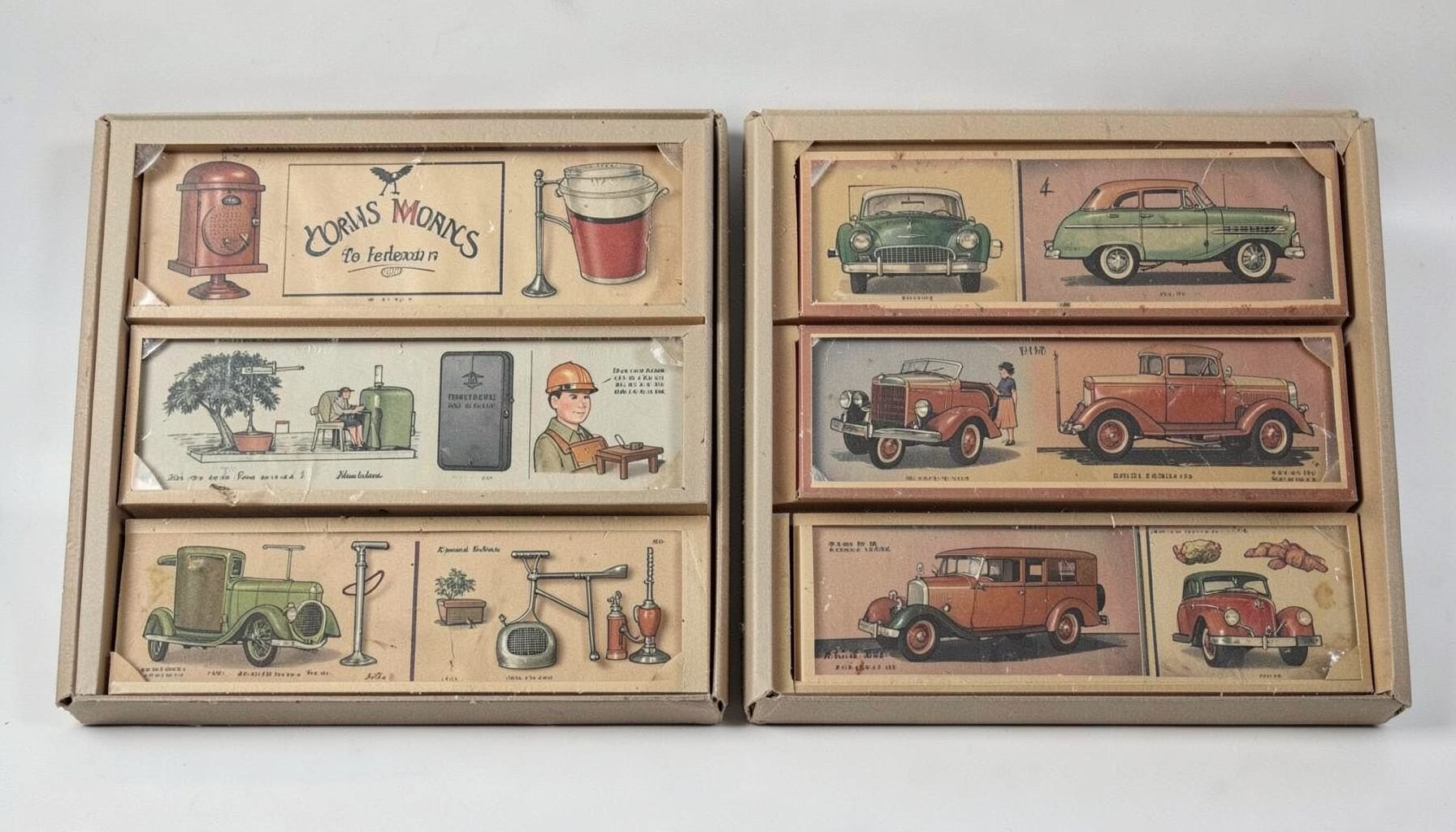 Complete vintage sets from the 1950s and 1960s displayed in protective cases, muted cardboard tones and classic designs.