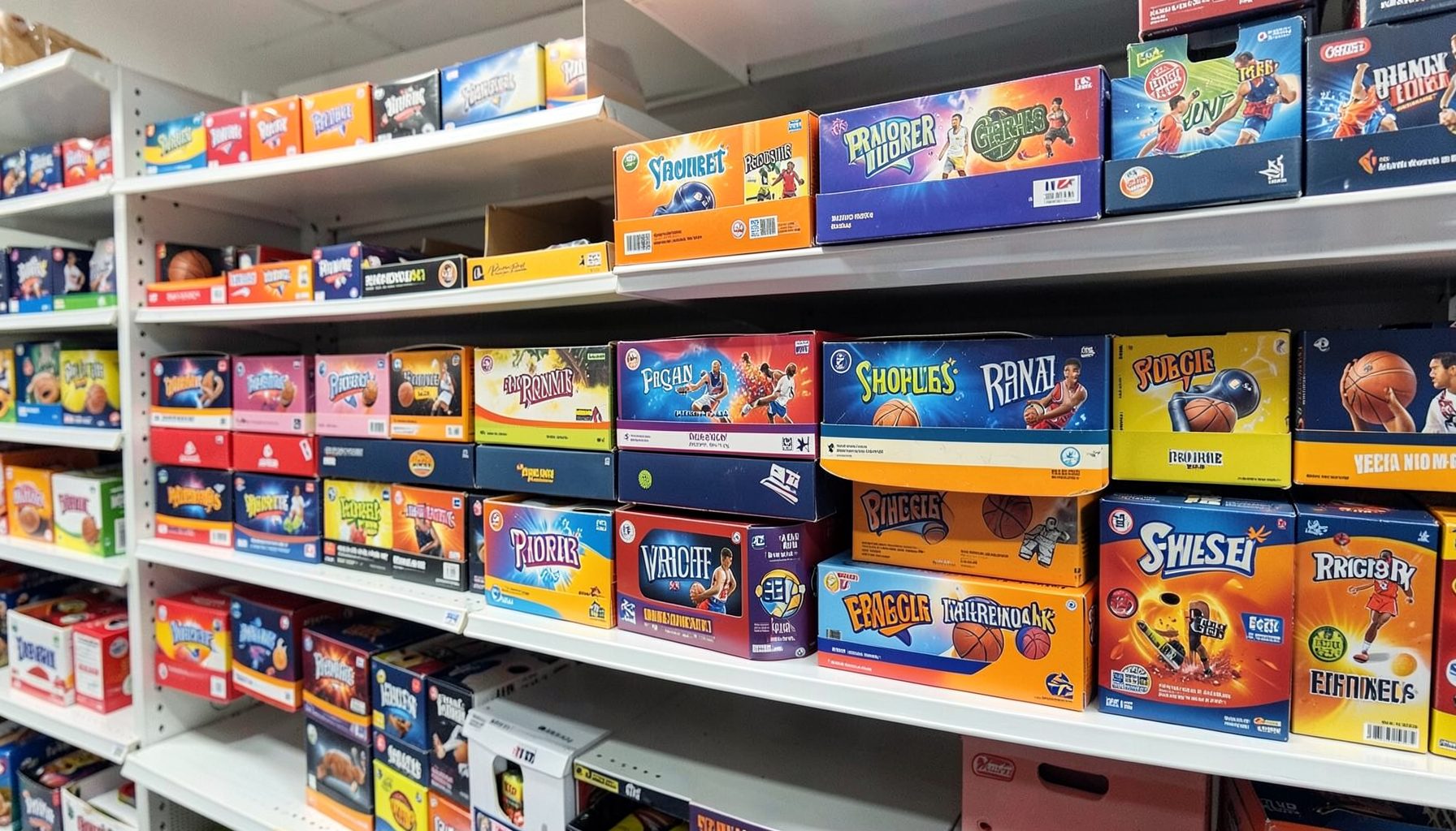 Rows of modern basketball and football hobby boxes stacked on retail shelving, bright packaging colors against clean white shelves.