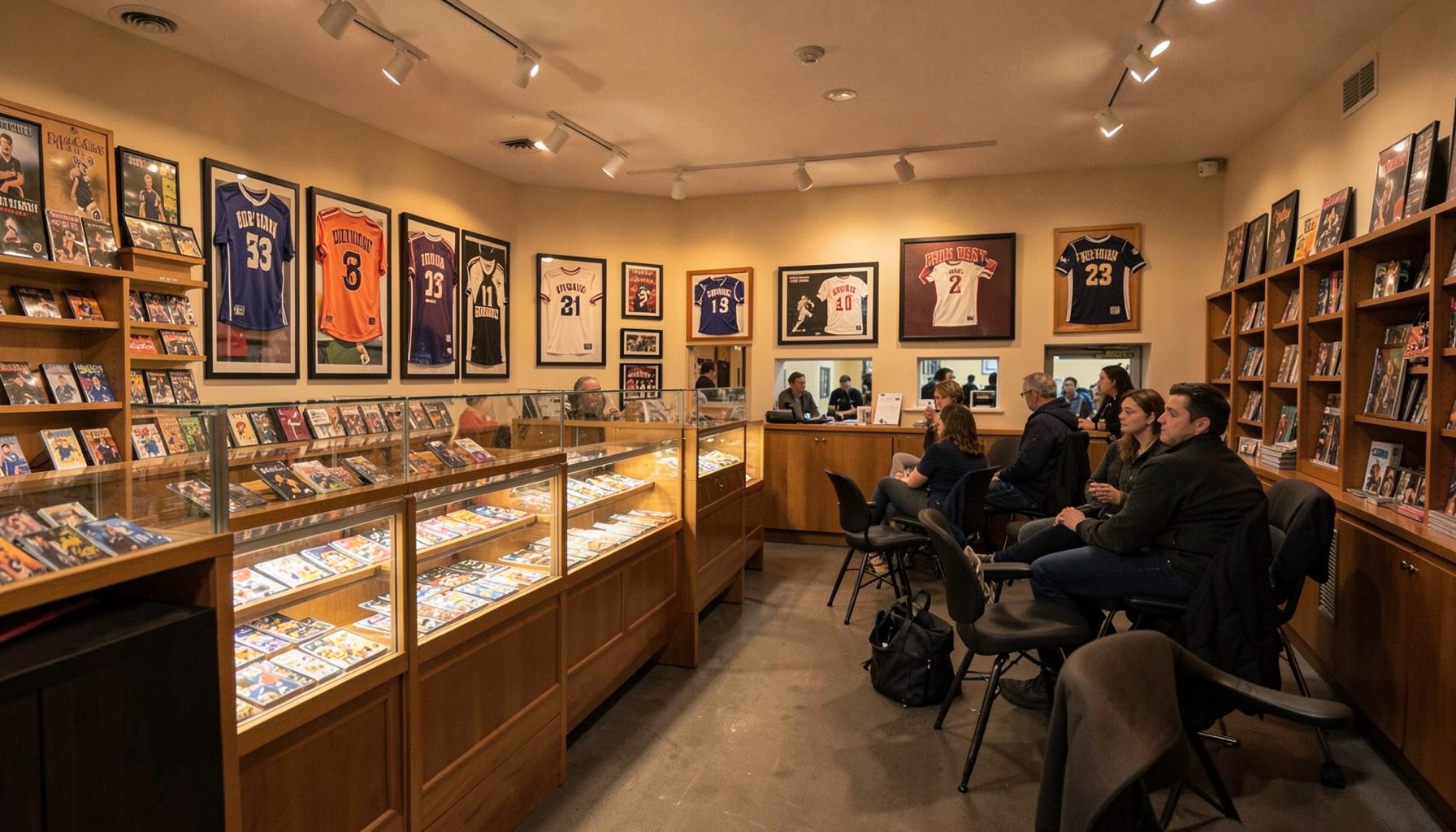 Warm interior of a sports card shop with display cases, framed jerseys on the wall, and a gathering space with chairs set up for a hobby event, lit by soft overhead lighting in amber and neutral tones.