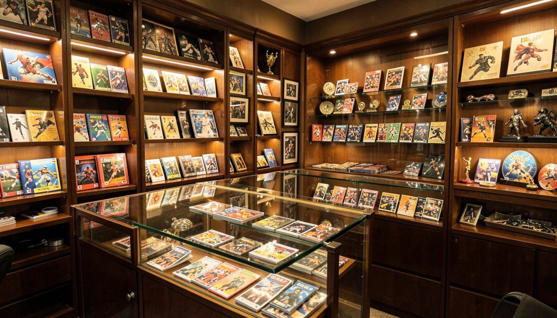 Warmly lit interior of a sports card shop with glass display cases, colorful card packs on shelves, and memorabilia items arranged neatly, creating an inviting collector's atmosphere in deep browns, golds, and soft orange tones.